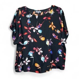 Jennifer Lopez Black Red Pink Blue Orange Floral Short Sleeve Top 1X